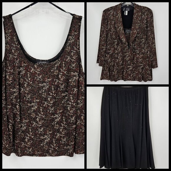 Alex Evenings Metallic 3 Piece Blazer/Tank/Skirt Abstract Shades of Brown Sz 1X - Picture 1 of 8